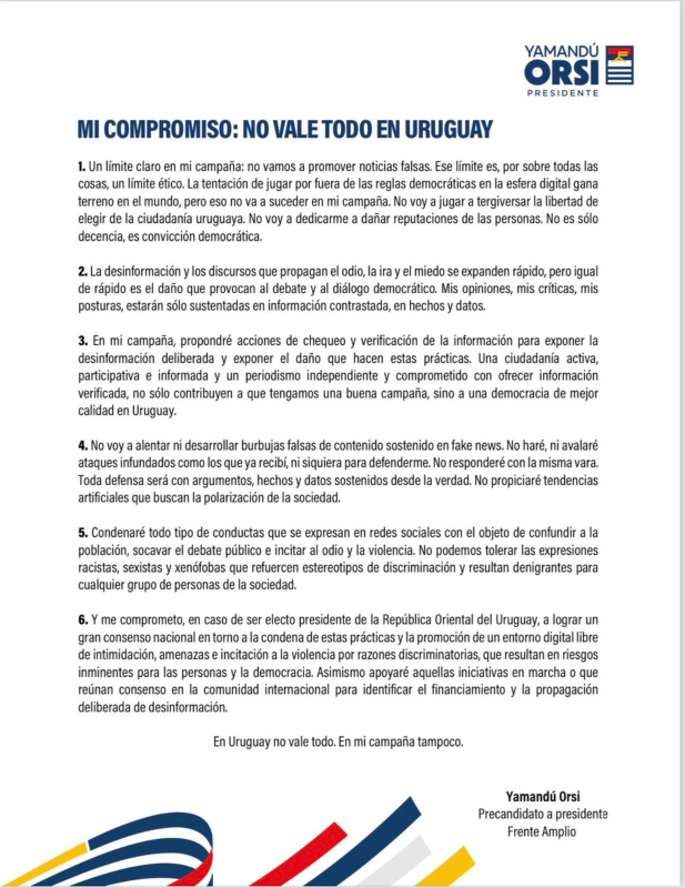 "Compromiso por una campaña limpia, ética, democrática y decente", de Yamandú Orsi. Foto: Twitter de Yamandú Orsi.
