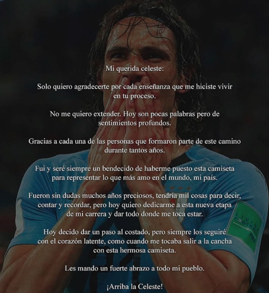 Renuncia de Cavani. Redes sociales de Edinson Cavani.
