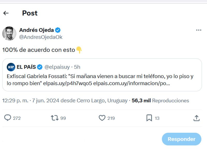 Posteo de Andrés Ojeda en su cuenta de X (Antes Twitter).